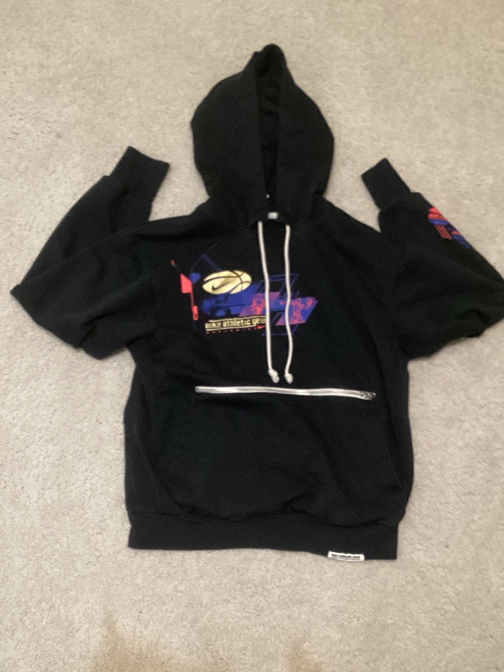 Nike Black Zip-Up Graphic Men's Hoodie with Purple & Yellow Accents